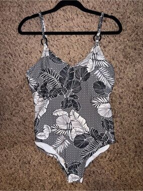 Army green & White Tropical Print One-Piece Swimsuit